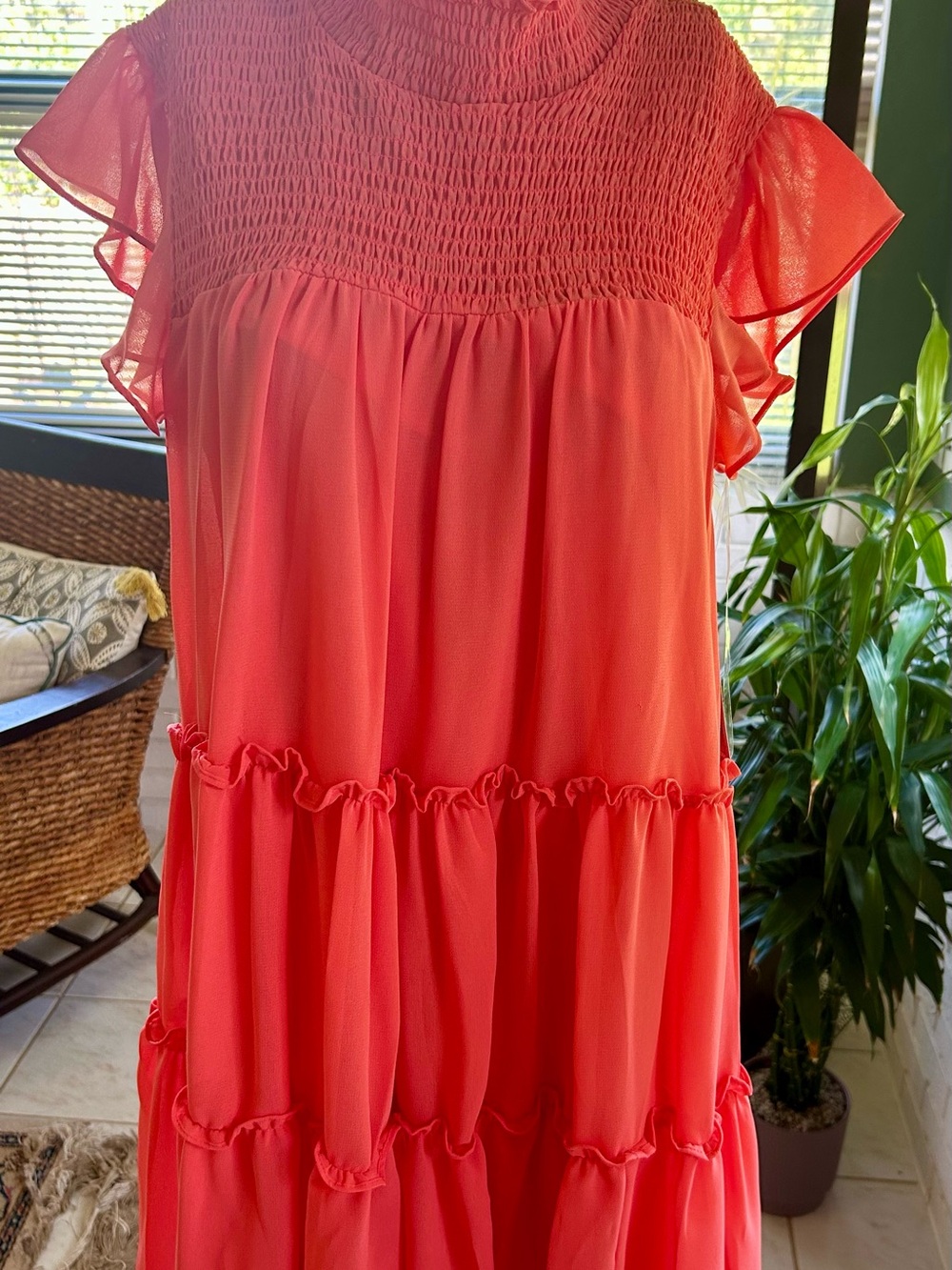 Smocked Yoke Coral Tiered Ruffle Tunic Dress